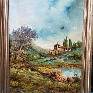 Paisaje con casa y estanque